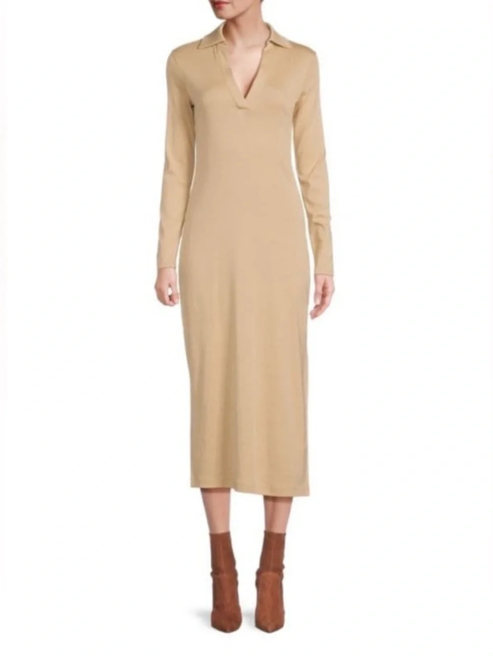 Vince Tan Long Sleeve Collared Polo Midi Long Shirt Dress NEW size medium - Picture 14 of 15